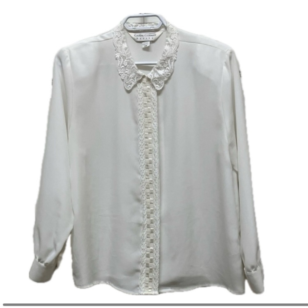 Vintage Casual Corner blouse with lace Peter Pan collar, neutral, petite size 10 - Picture 4 of 11